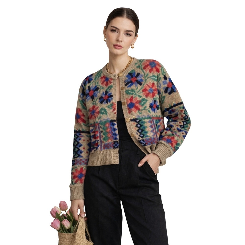 Eagles Eye‎ Wool Floral Cardigan L Beige Cottagecore Retro Knit Sweater